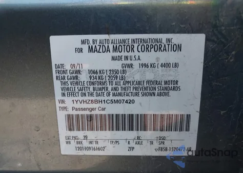 2012 Mazda Mazda6 I Sport z USA, uszkodzony, nr VIN 1YVHZ8BH1C5M07420